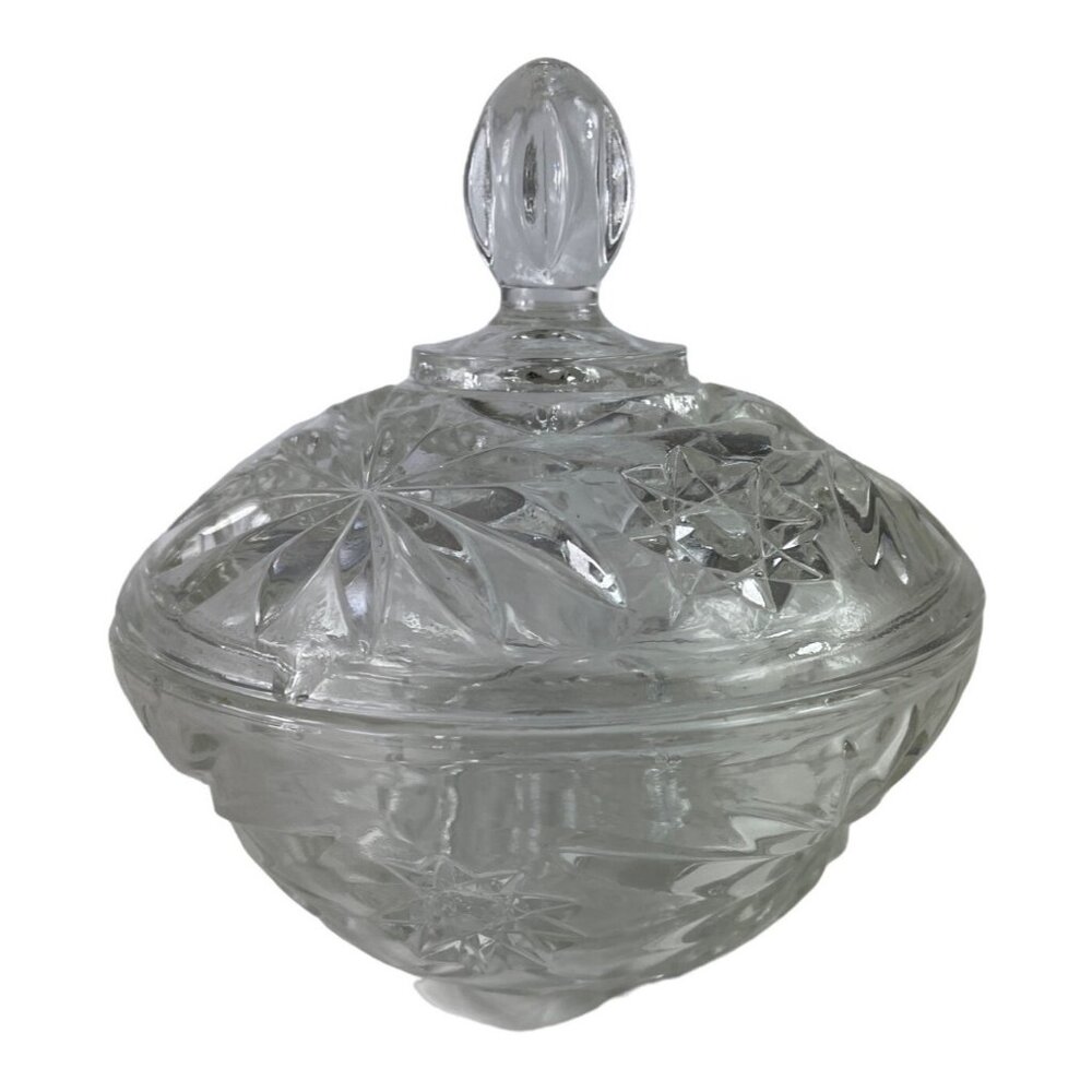 Anchor Hocking Prescut Clear Glass Candy Dish & Lid Pressed Star/Fan Design - Picture 2 of 11
